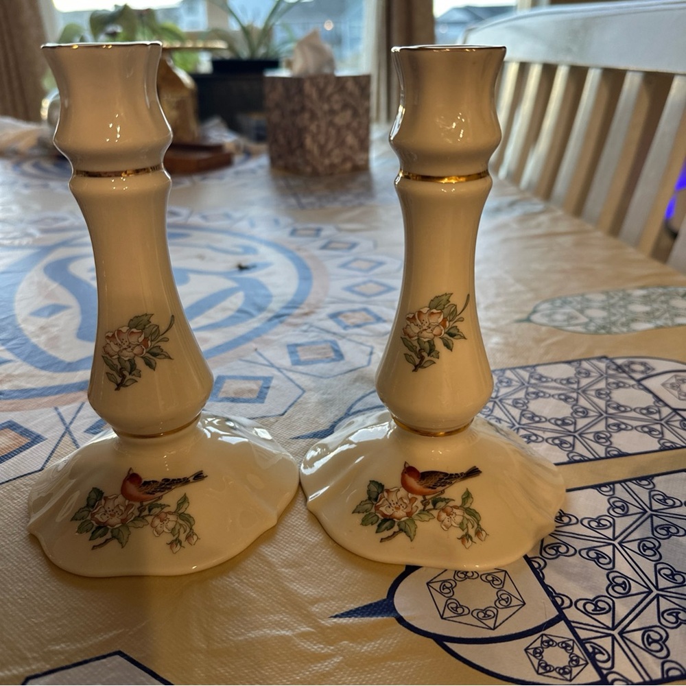 Lenox White Porcelain Candlestick Pair with Gold Trim and Bird Motif 6.5 to 7in